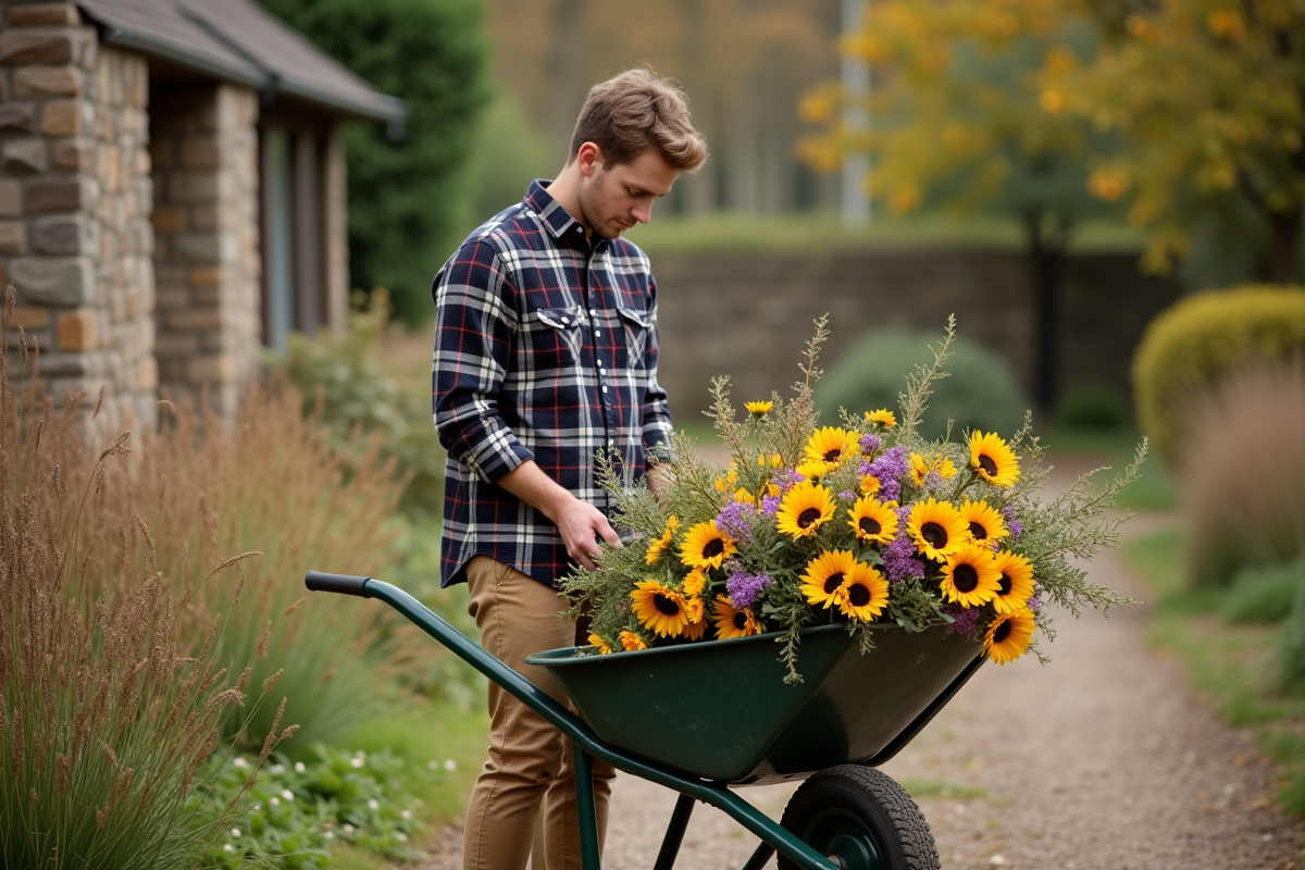 Jeune homme préparant un bouquet de fleurs d