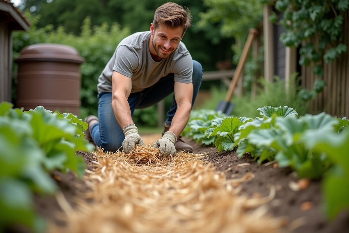 Jeune homme étalant de la paille dans le jardin