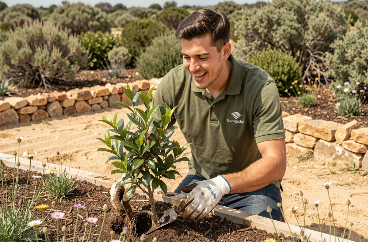 Jardinier des Jeunes Pousses Créateur de Jardin plantant un arbuste ornemental dans le Gard