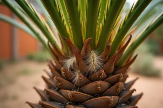 Larves du papillon palmier visibles à la base des palmes d'un Phoenix canariensis avec dégâts de soie et déjections