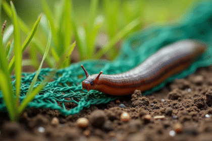 Gros plan d'une limace marron sur un filet de jardin vert