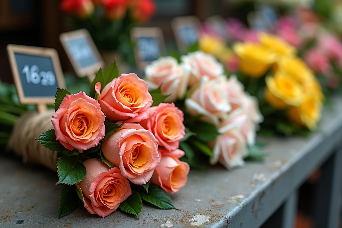 Gros plan de tiges de lisianthus et de roses fraîches attachées avec de la ficelle sur une surface en béton dans un marché aux fleurs en plein air