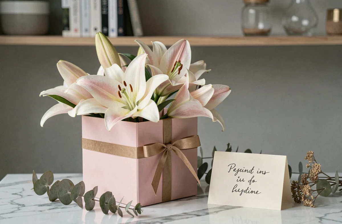 Lys oriental emballé en cadeau élégant dans une boîte rose pâle avec ruban kraft, posé sur un comptoir en marbre avec carte manuscrite