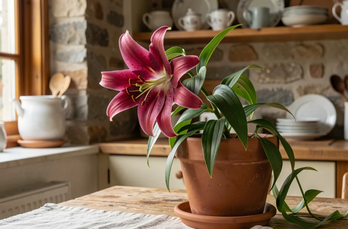 Lys oriental en fleur dans un pot en terre cuite posé sur une table en bois rustique, pétales rose foncé tachetés avec étamines apparentes