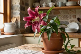 Lys oriental en fleur dans un pot en terre cuite posé sur une table en bois rustique, pétales rose foncé tachetés avec étamines apparentes