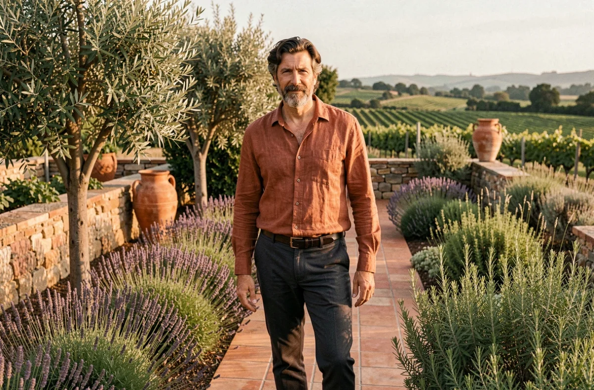 Marco Rossi Paysagiste devant un jardin méditerranéen inspiré de la Toscane avec oliviers et lavandes à Lyon