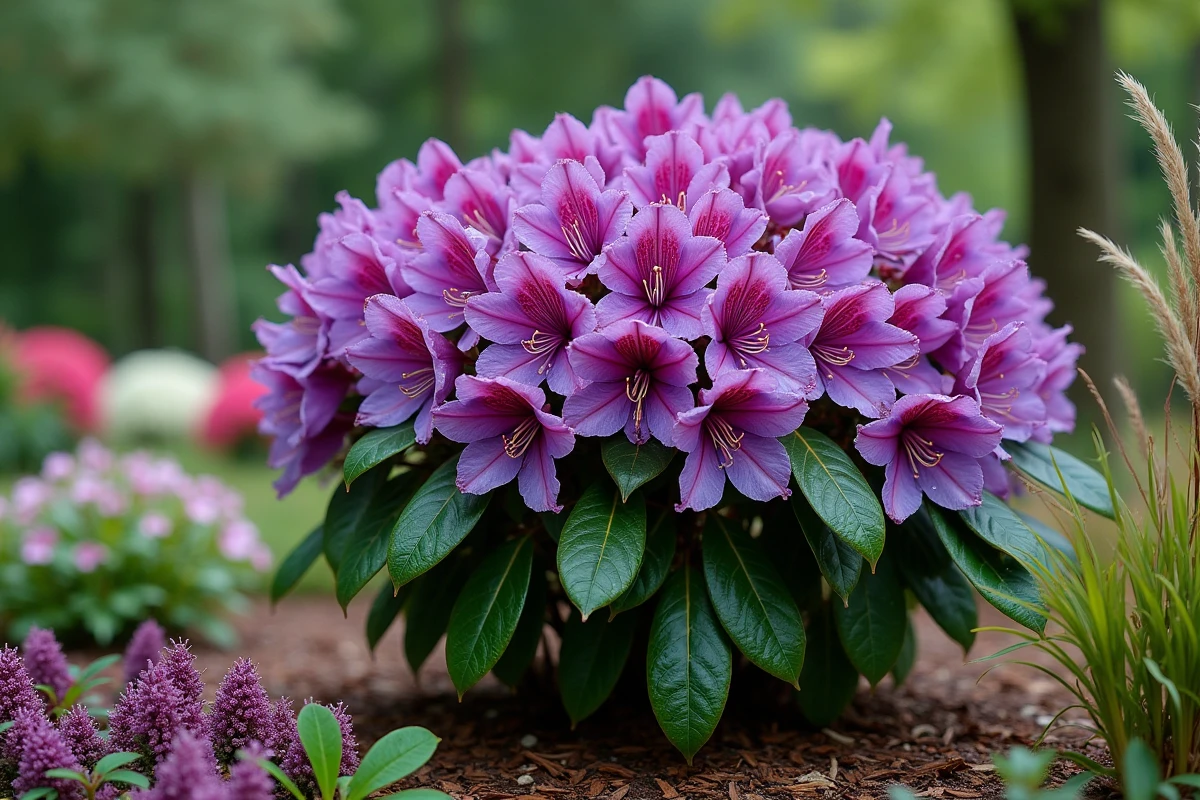 Massif de rhododendrons violet en fleurs associés à des bruyères et des couvre-sols dans un jardin naturalisé avec paillis de pin