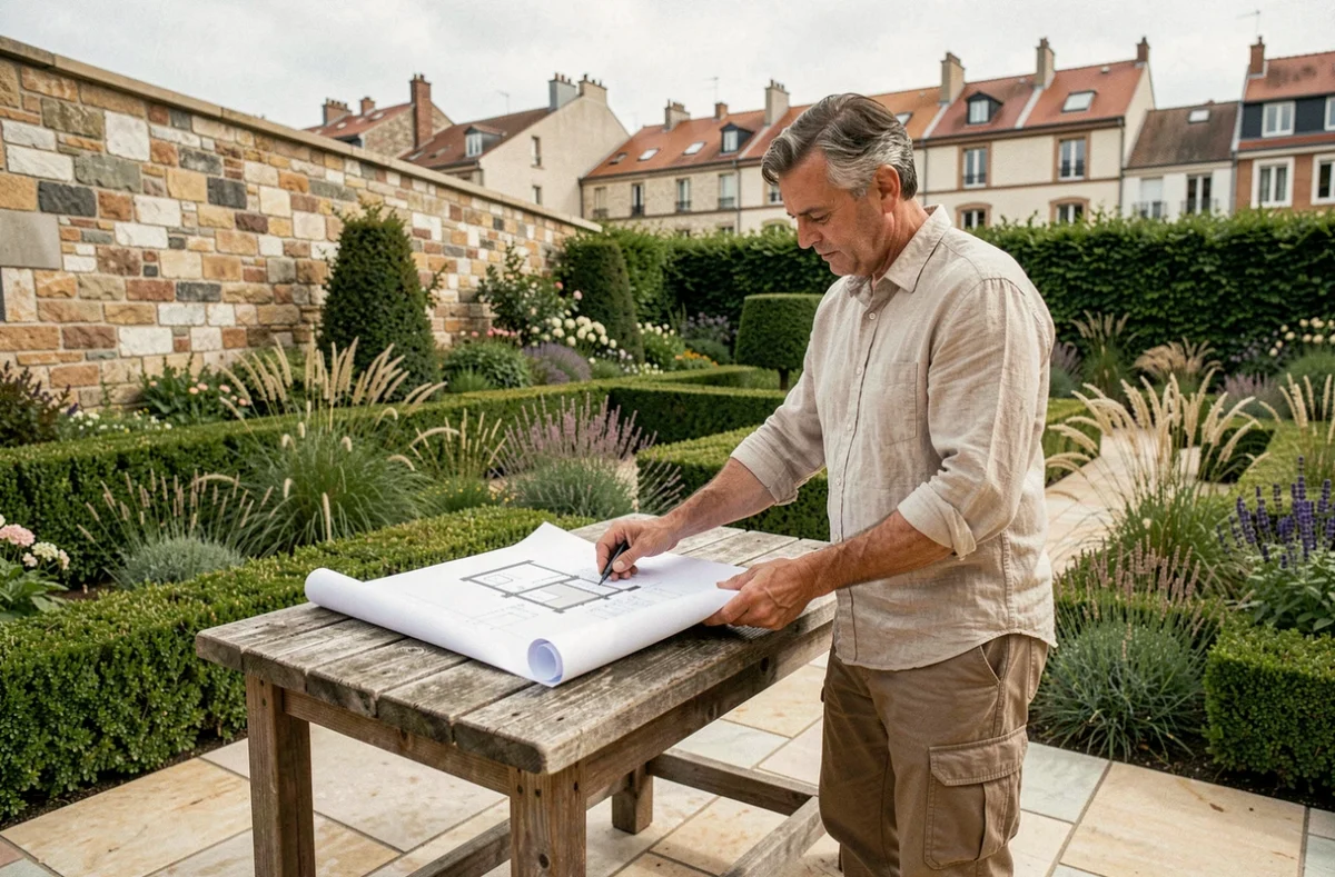 Paysagiste professionnel consultant des plans de jardin dans un espace vert urbain aménagé à Lyon