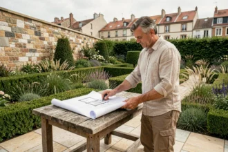 Paysagiste professionnel consultant des plans de jardin dans un espace vert urbain aménagé à Lyon