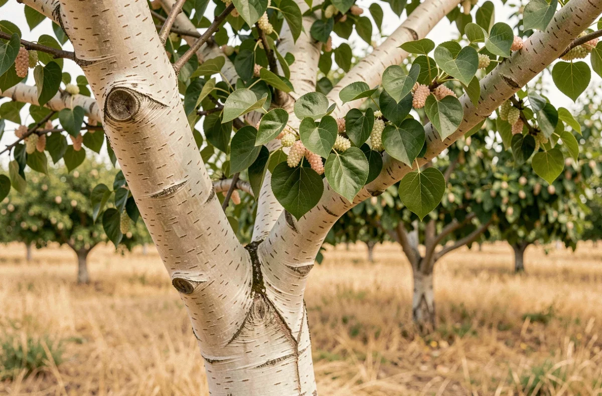 Morus alba, mûrier blanc aux feuilles cordées brillantes et petits fruits blancs rosés, verger traditionnel