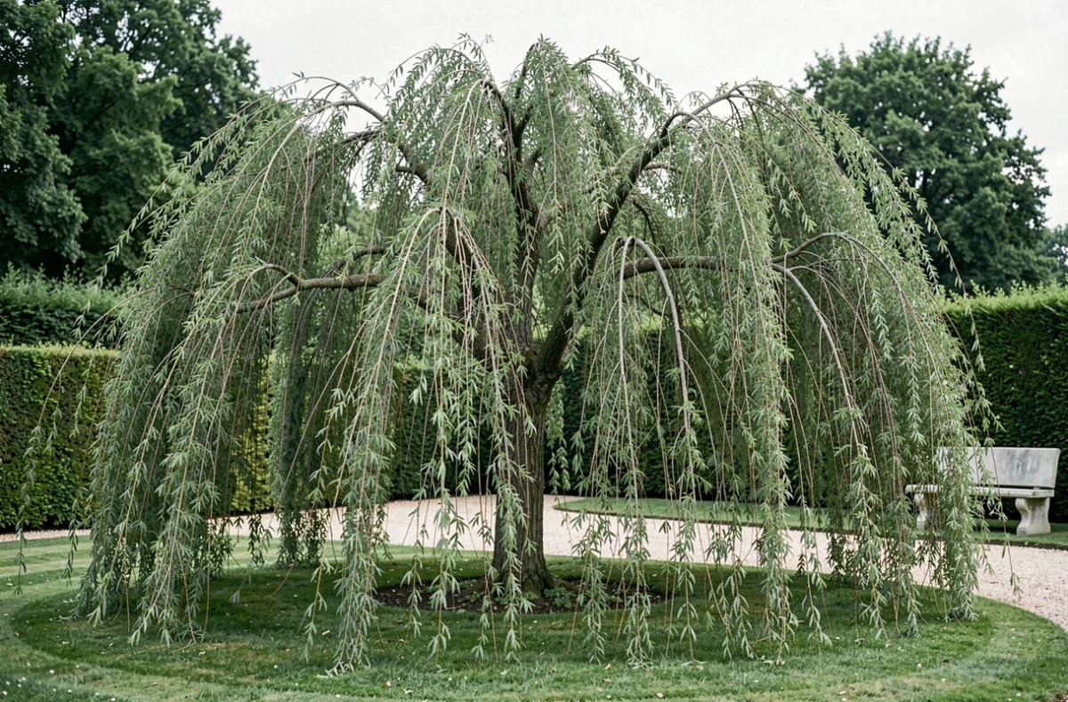 Morus alba Pendula, mûrier blanc pleureur aux branches retombantes en parasol, jardin formel à la française