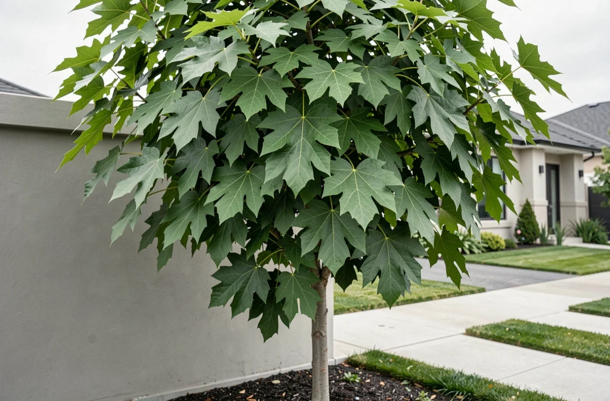 Morus kagayamae Fruitless, mûrier platane stérile aux grandes feuilles ornementales sans fruits, allée résidentielle