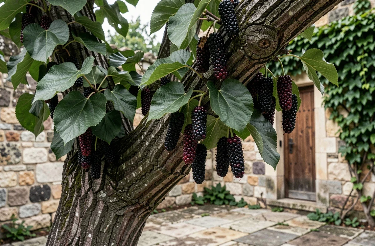 Morus nigra, mûrier noir aux fruits rouge-noir abondants et écorce rugueuse, jardin historique en pierre