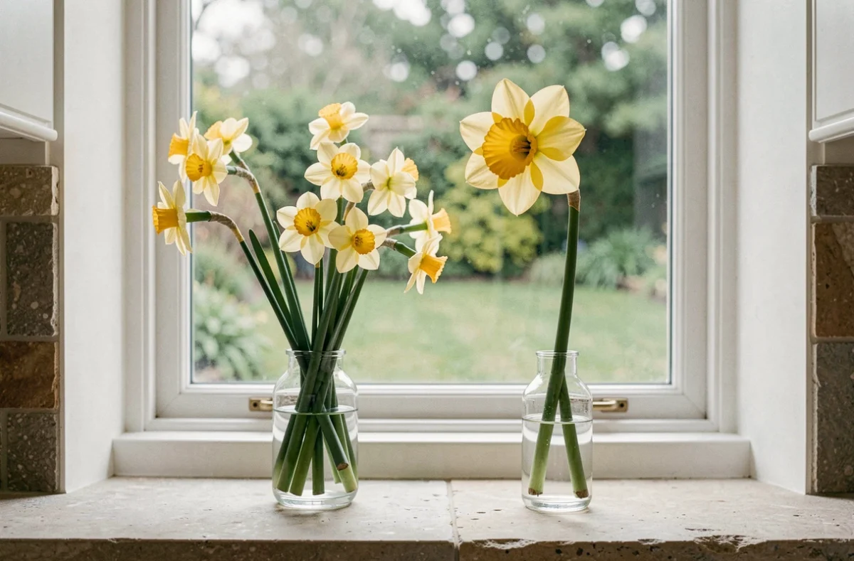 Deux vases en verre sur un rebord de fenêtre en pierre contenant respectivement des tiges de narcisse à fleurs groupées et une jonquille à trompette solitaire, pour illustrer leurs différences morphologiques