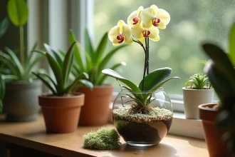 Orchidée Phalaenopsis en culture semi-hydroponique avec billes d'argile LECA dans un pot transparent, comparée à la sphaigne traditionnelle