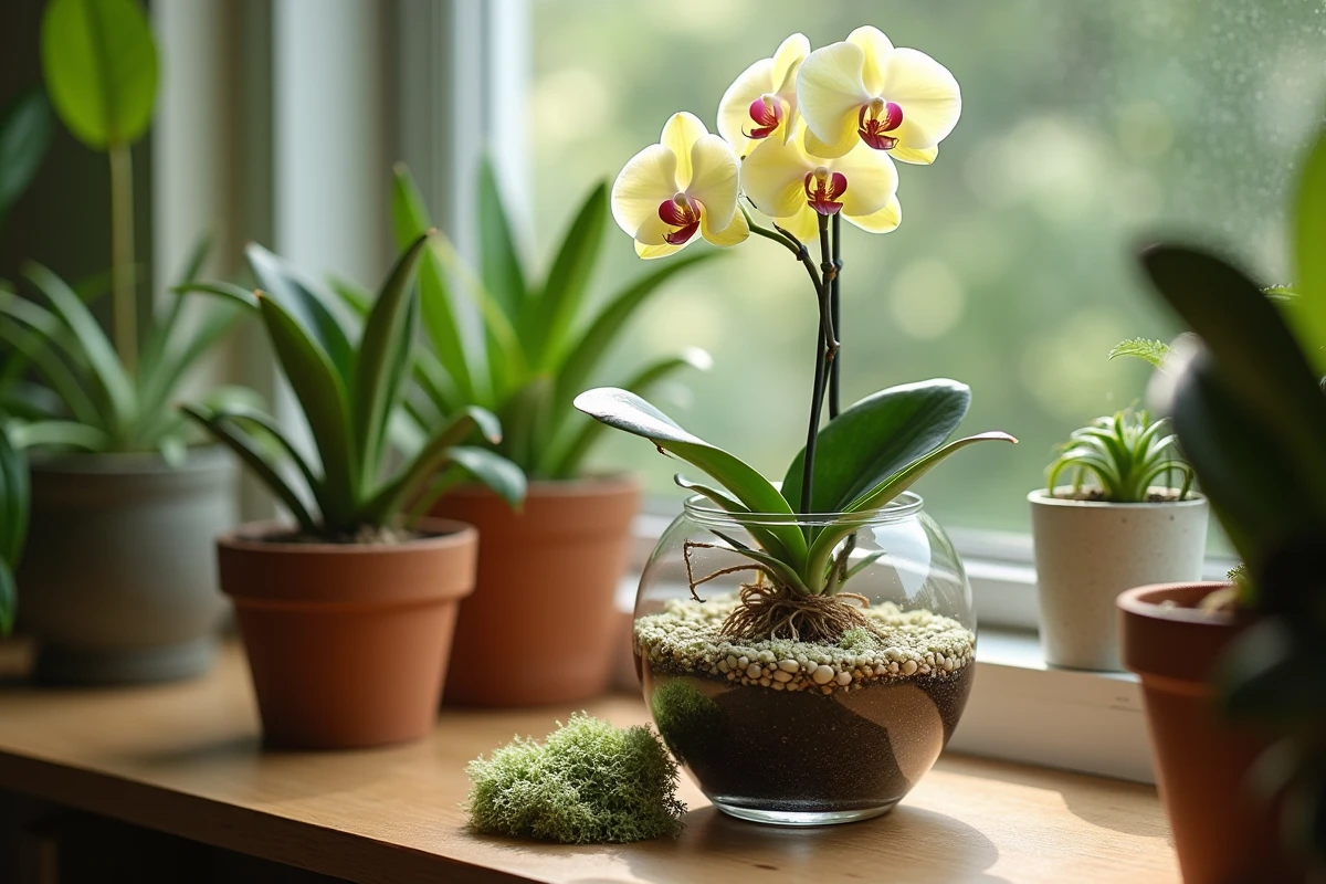 Orchidée Phalaenopsis en culture semi-hydroponique avec billes d'argile LECA dans un pot transparent, comparée à la sphaigne traditionnelle
