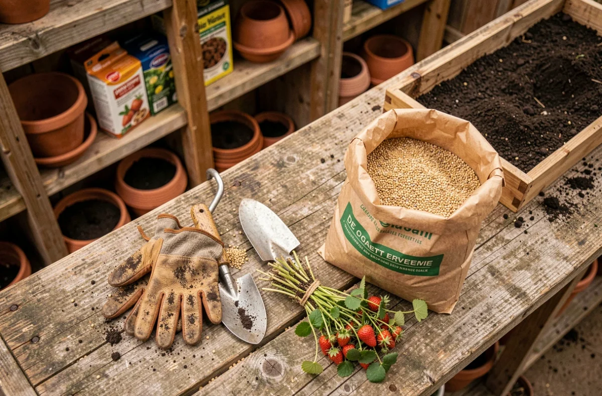 Outils de jardinage et stolons de fraisiers coupés sur un établi de jardinier avec engrais organique