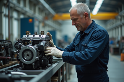 Ouvrier d'usine en overalls assemble un moteur