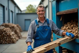 Homme en overalls bleus maniant un broyeur industriel