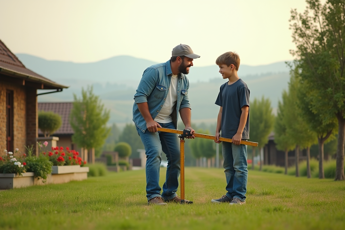 Père et fils mesurant le terrain dans la nature
