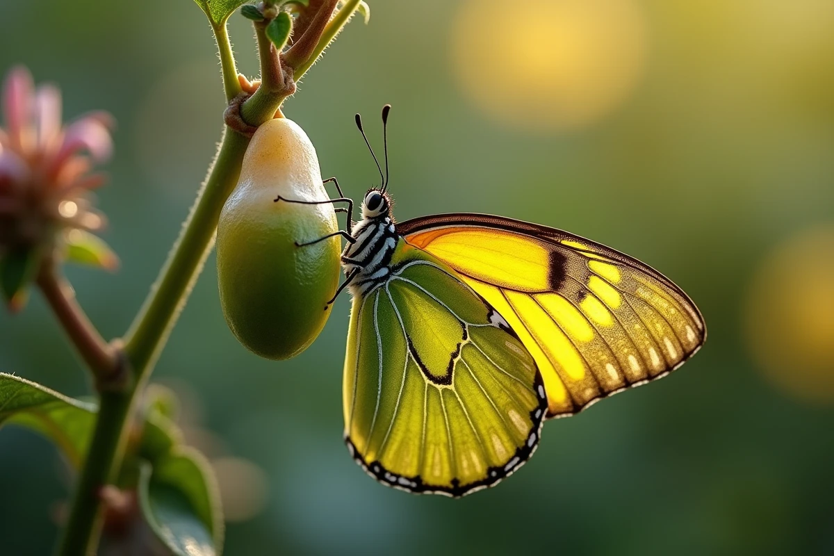 Papillon adulte aux ailes jaunes et vertes posé près de sa chrysalide vide sur une tige végétale