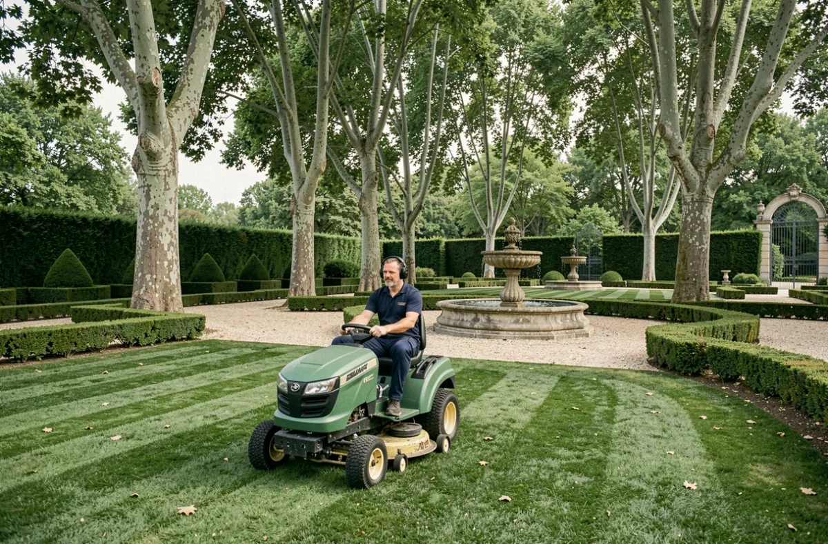 Agent d'entretien Parcs et Jardins du Languedoc tondant un jardin de patrimoine historique