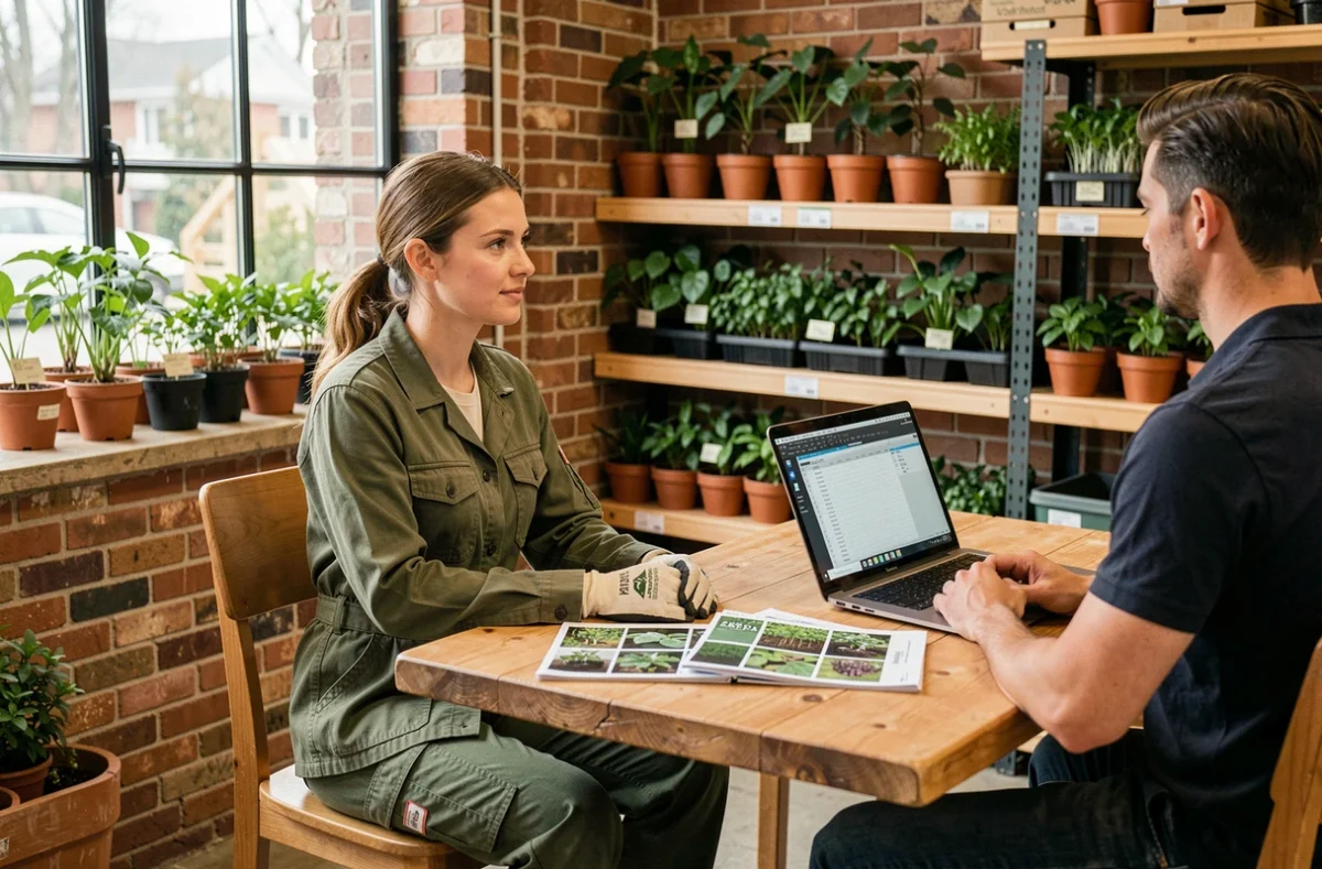 Paysagiste femme en réunion de négociation salariale dans un bureau de jardinerie