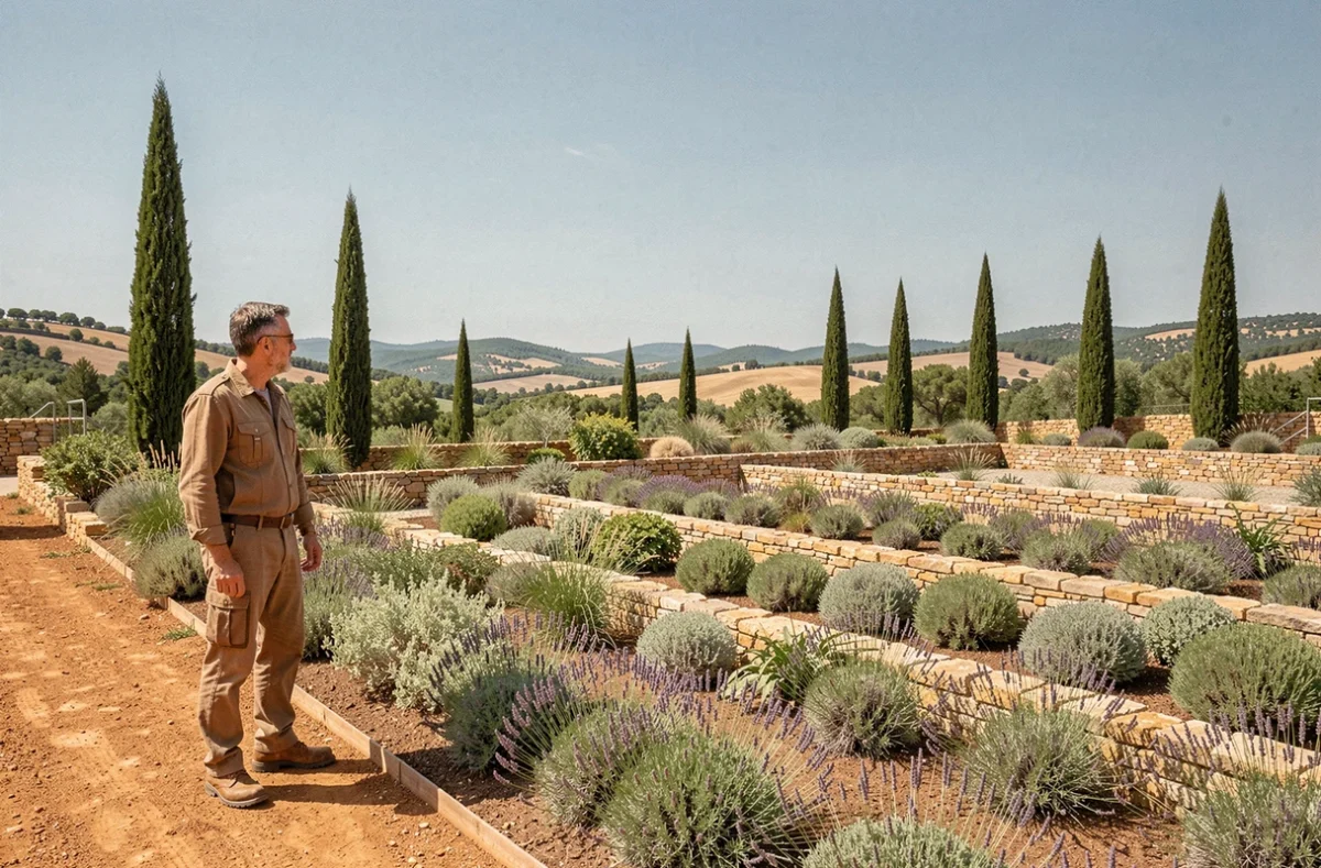 Paysagiste professionnel contemplant un jardin méditerranéen aménagé en terrasses en Occitanie