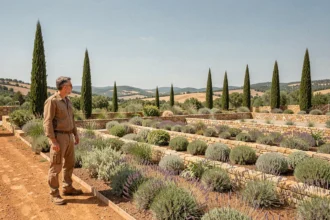 Paysagiste professionnel contemplant un jardin méditerranéen aménagé en terrasses en Occitanie