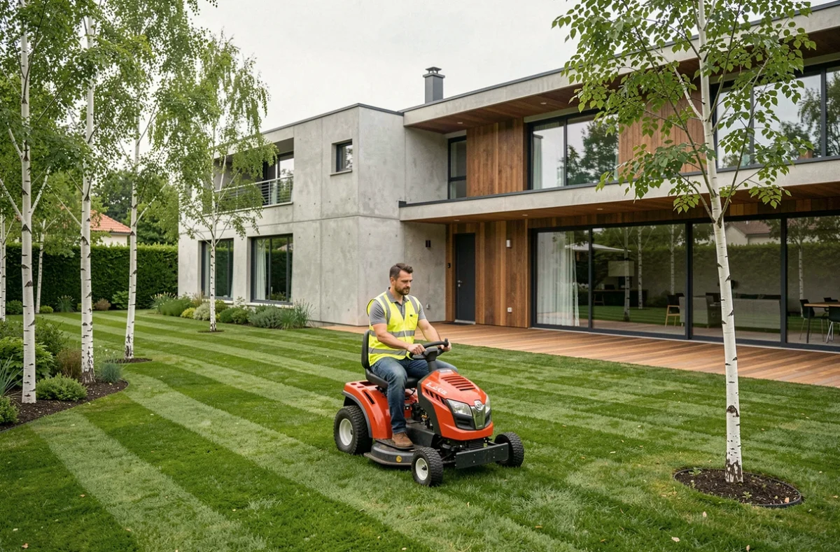 Professionnel du paysage Pellet Paysage entretenant une pelouse parfaite autour d'une villa contemporaine à Lyon
