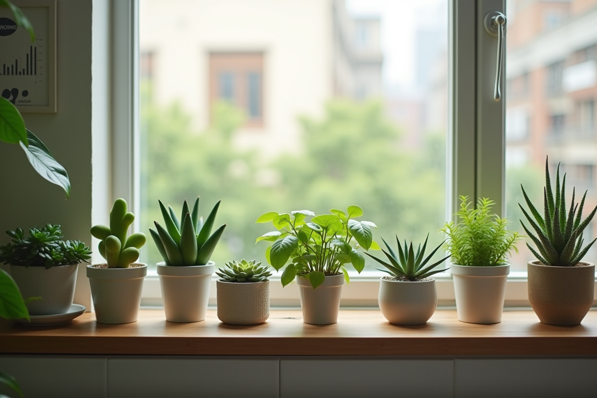 Petits succulents et cactus sur une fenêtre de cuisine lumineuse