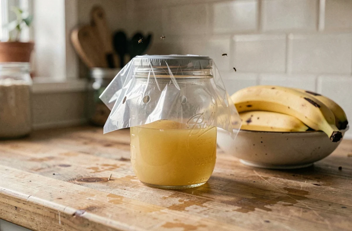 Piège à moucherons fait maison avec un bocal en verre et du vinaigre de cidre sur un plan de travail en bois