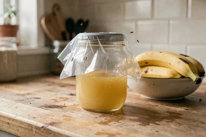 Piège à moucherons fait maison avec un bocal en verre et du vinaigre de cidre sur un plan de travail en bois