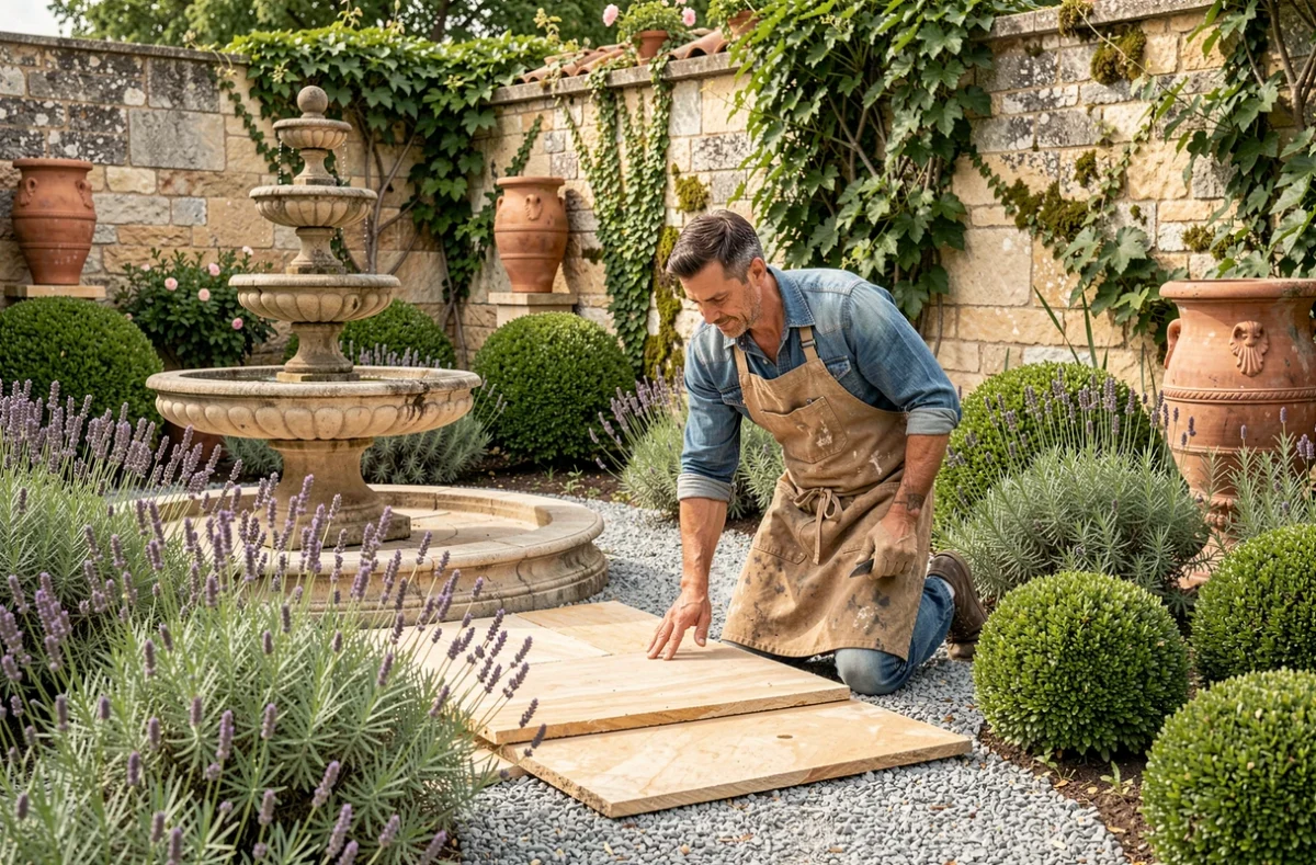 Artisan paysagiste posant des pierres naturelles dans un jardin classique à Lyon, style Pierre et Jardins