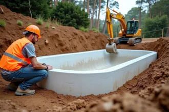 Installation d'une piscine coque sur terrain en pente avec excavation et ouvriers en train d'inspecter le chantier