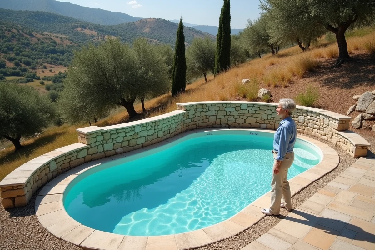 Piscine coque intégrée dans un jardin en terrasses sur terrain difficile avec murs de soutènement en pierre