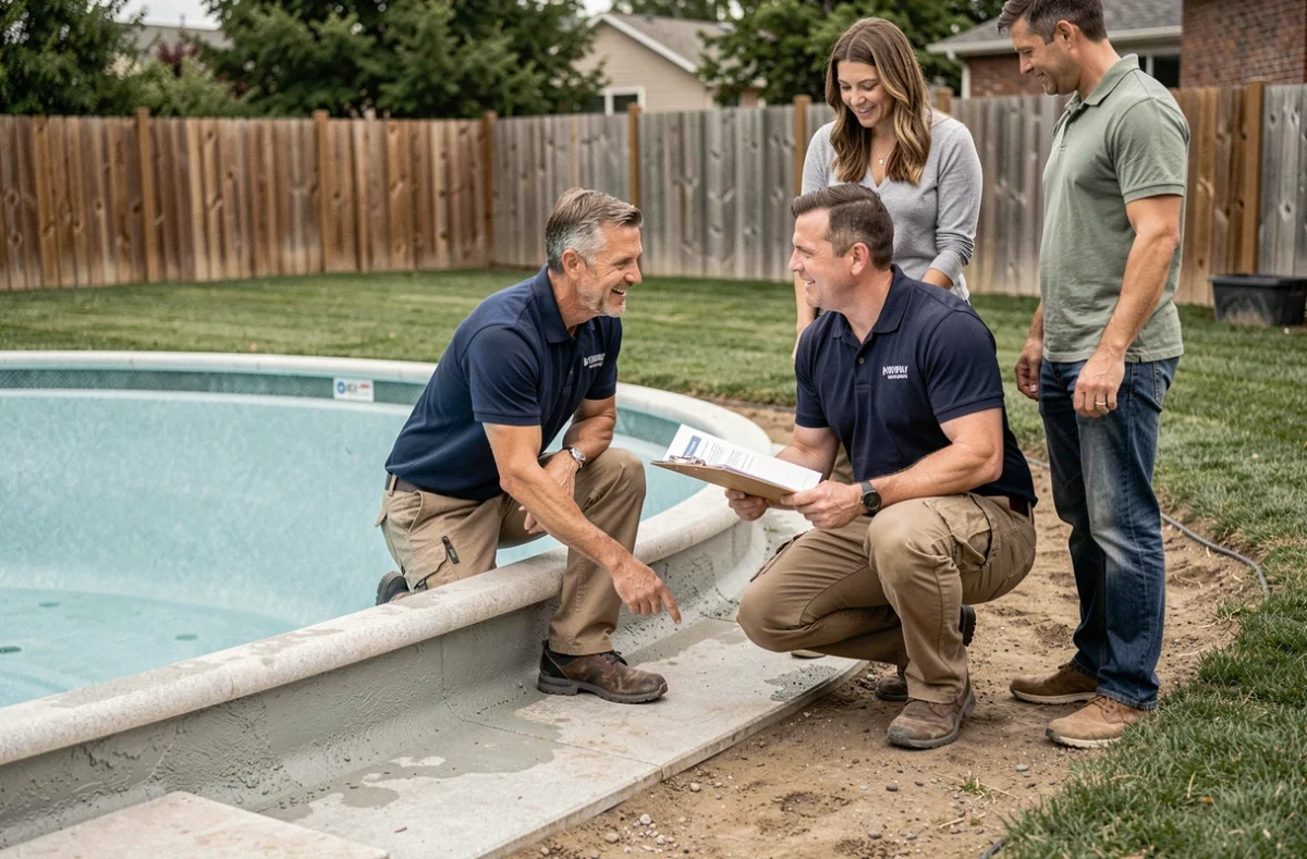 Pisciniste professionnel expliquant les garanties d'une piscine coque à des propriétaires dans leur jardin