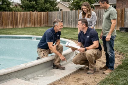 Pisciniste professionnel expliquant les garanties d'une piscine coque à des propriétaires dans leur jardin