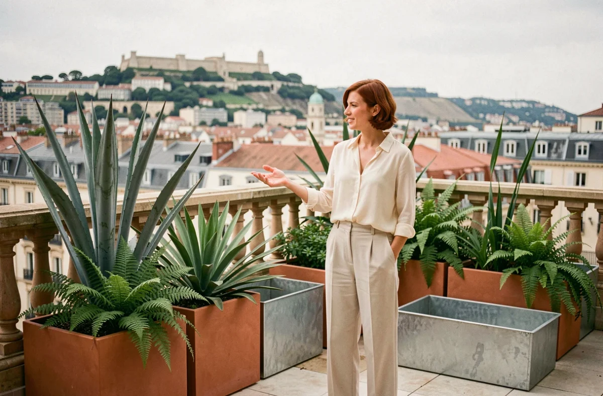 Designer paysagiste Pistyles présentant un jardin de terrasse urbain à Lyon avec plantes architecturales