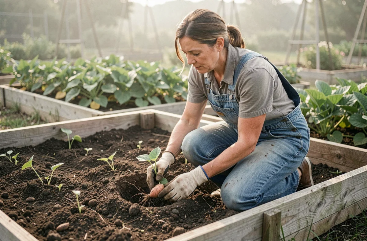 Femme jardinière plantant des patates douces dans un potager surélevé au printemps