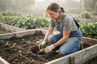 Femme jardinière plantant des patates douces dans un potager surélevé au printemps