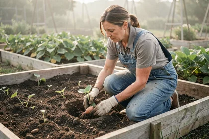 Femme jardinière plantant des patates douces dans un potager surélevé au printemps