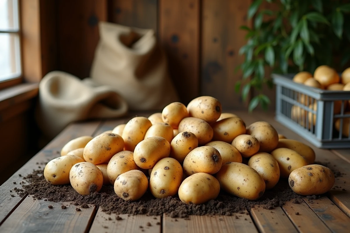 Pommes de terre fraîchement récoltées étalées sur une table en bois rustique dans une grange, montrant différentes tailles et textures de peaux couvertes de terre séchée