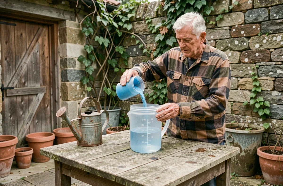 Homme préparant un dosage de bouillie bordelaise dans une cruche graduée d'un litre sur une table de jardin en bois
