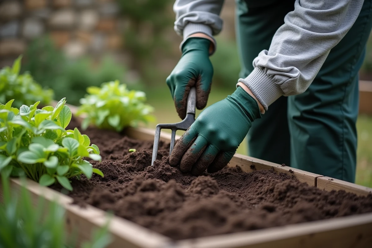 Homme préparant le sol naturellement avec un outil de jardin pour semer du persil biologique dans un potager