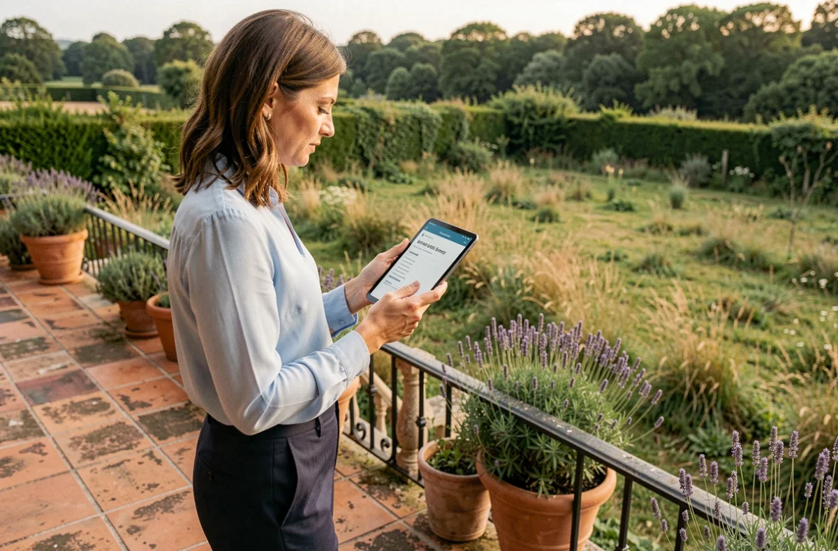 Propriétaire comparant des devis en ligne pour l'entretien d'un grand jardin depuis sa terrasse
