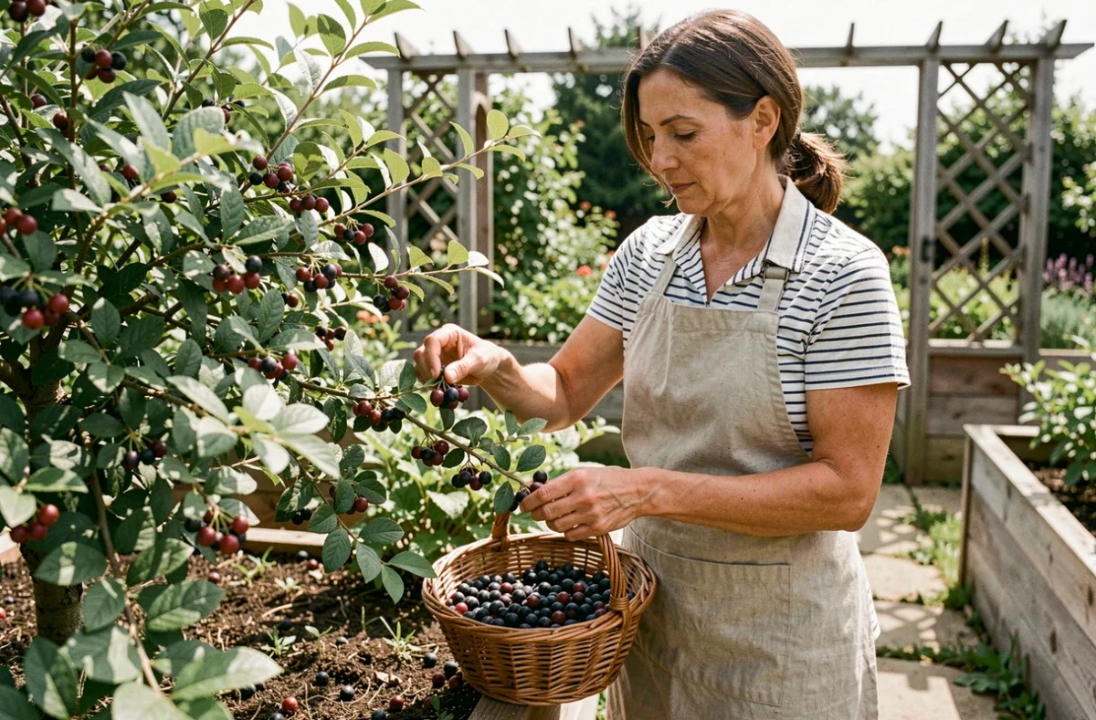 Femme récoltant des baies de Jostaberry dans un panier en osier au jardin potager