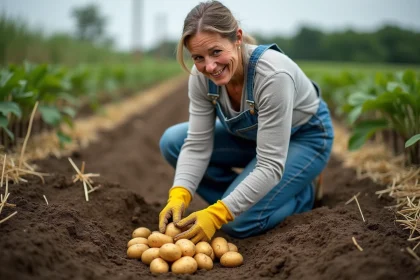 Femme récoltant des pommes de terre mûres dans un potager en fin d'été, mains gantées tenant une grappe de tubercules dorés extraits du sol