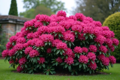 Rhododendron en pleine floraison avec des grappes de fleurs roses et mauves dans un jardin naturel