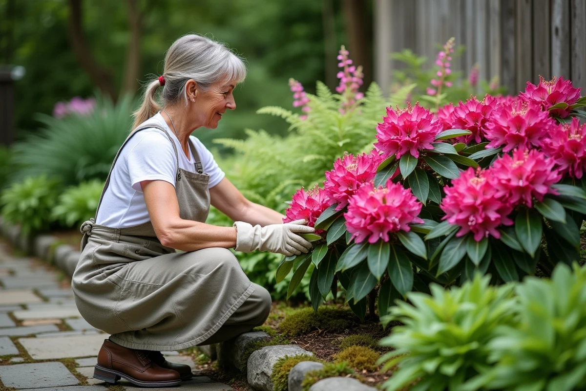 Femme jardinant près d'un rhododendron en fleurs entouré de plantes compagnes comme des hostas et des fougères dans un jardin bien entretenu